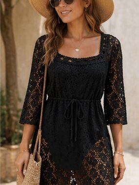 Laundry by Shelli Segal Black Crochet Lace Dress/Cover-Up | Boho Chic | Size M 🖤